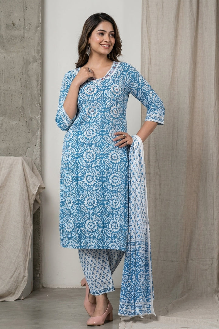 Cute Pockets Straight Cotton Kurti Set(Spirit Of Blue)
