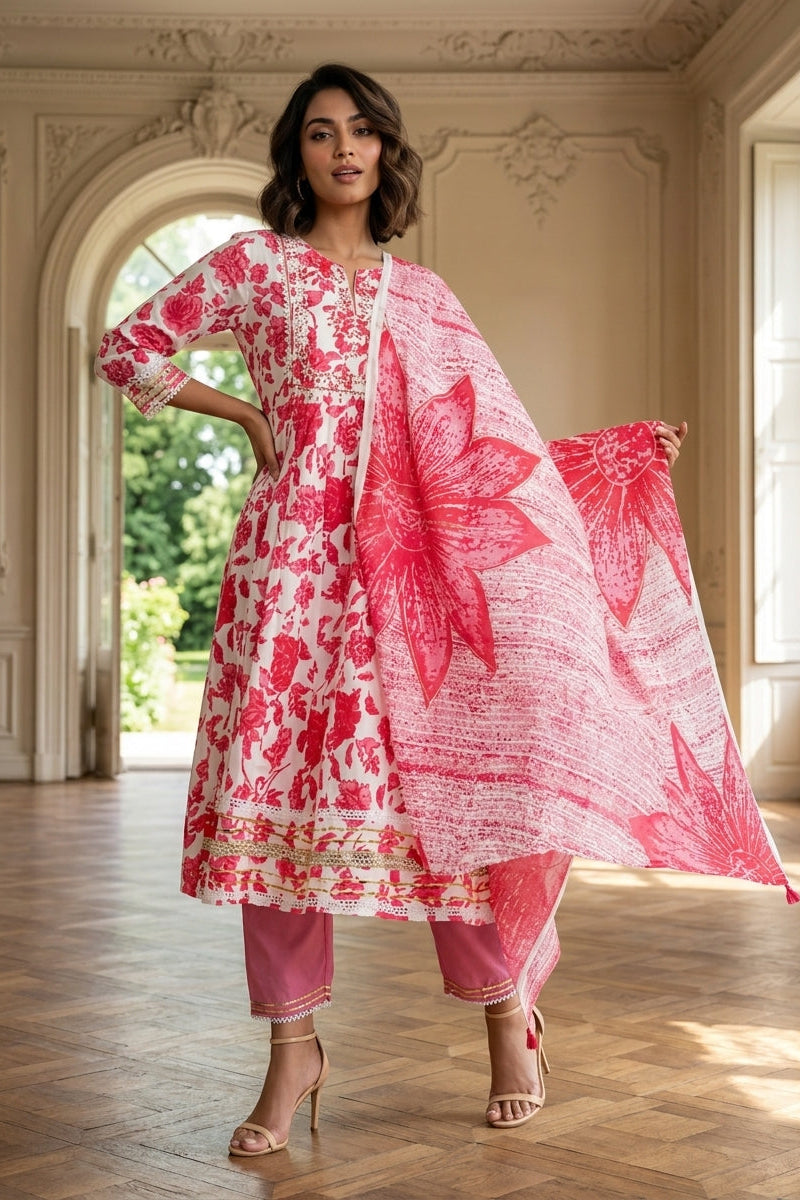 Rose Pink Floral Print Kurti Set