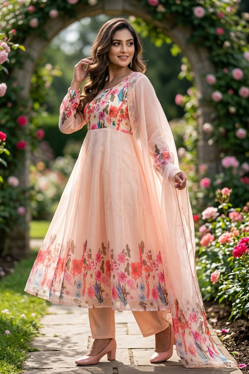 Out Of The Organza Anarkali Suit Set (Rich Peach)