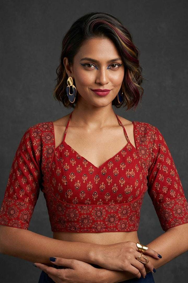 karu Kaj Ajrakh Print Cotton Silk Blouse