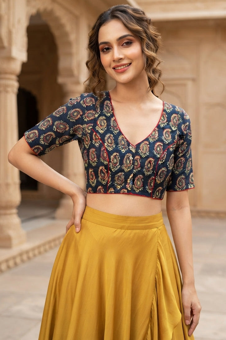 Divine Desire Ajrakh Printed Kantha Embroidered Cotton Blouse