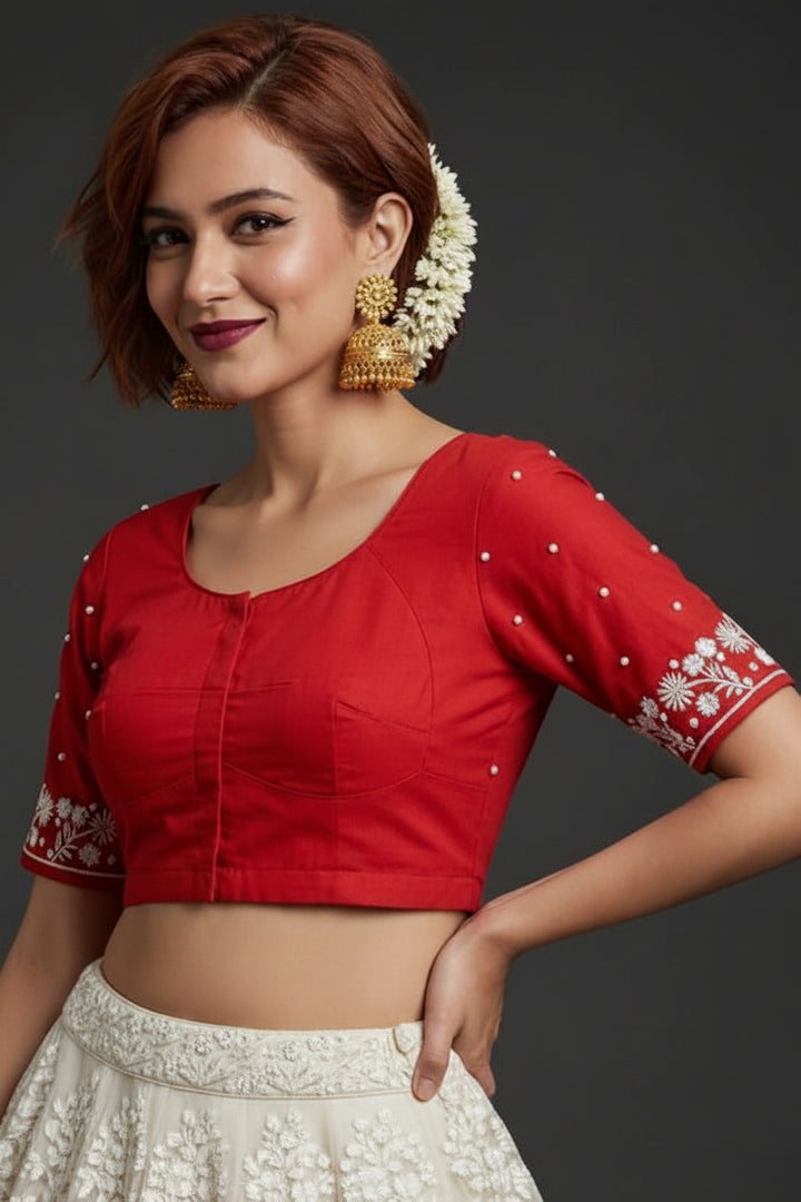 The Monarch Red Flower Designer Blouse