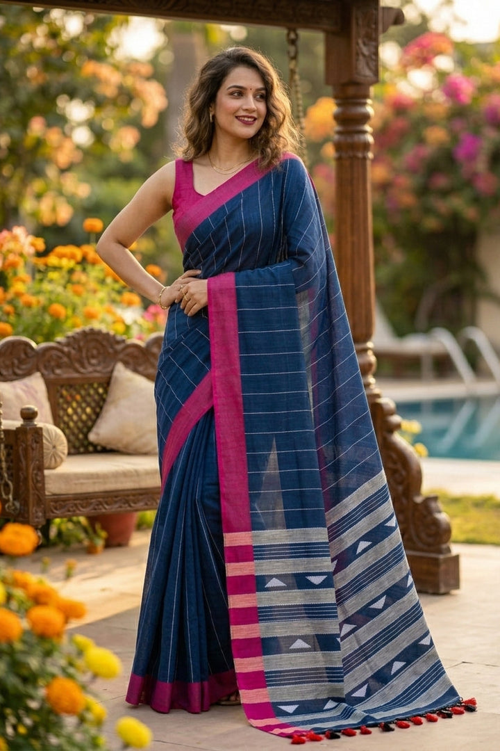 The Royal Drape Cotton Saree (Blue)