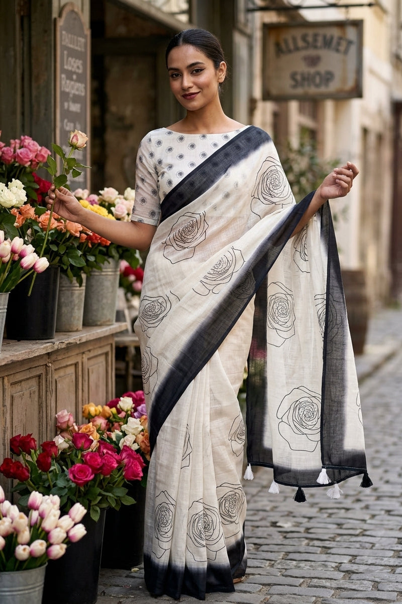 Rosy Bloom Linen Saree