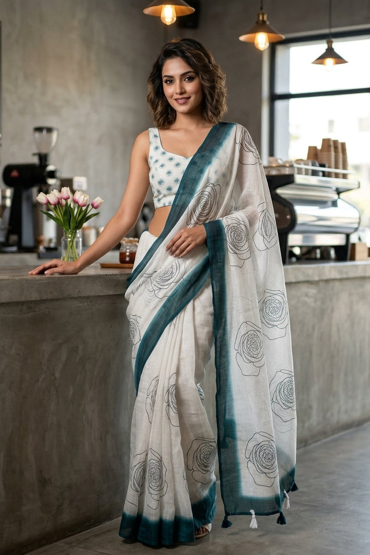 Rosy Bloom Linen Saree