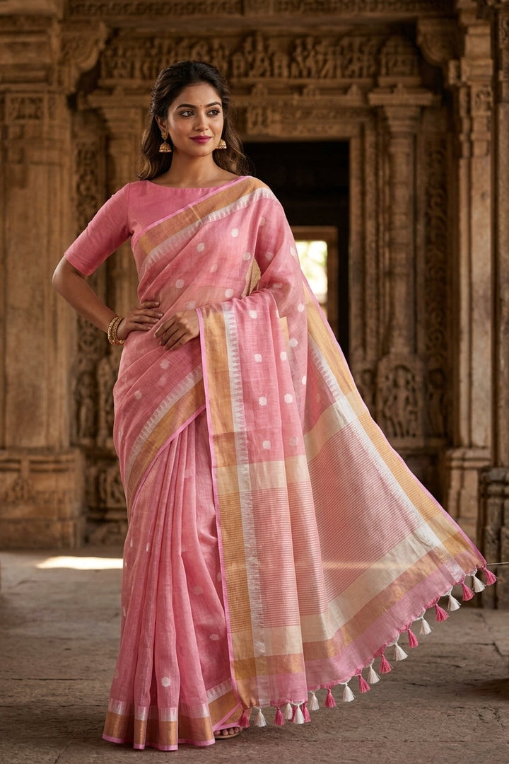 Pearl Weave Tissue Linen Saree (Pink)