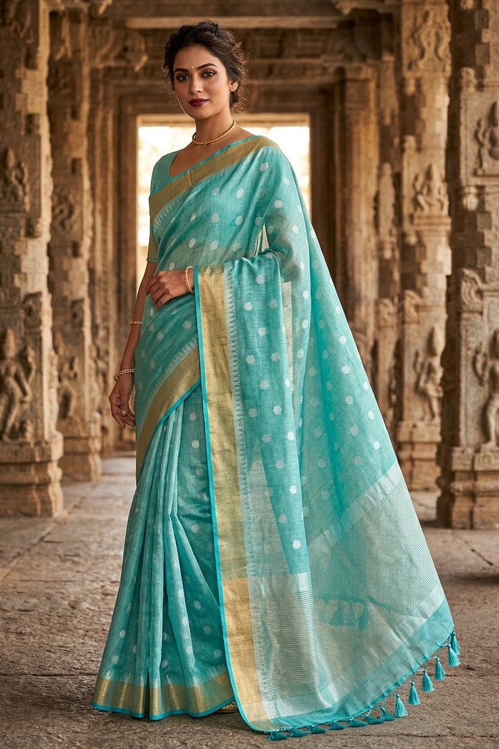 Pearl Weave Tissue Linen Saree (Blue)