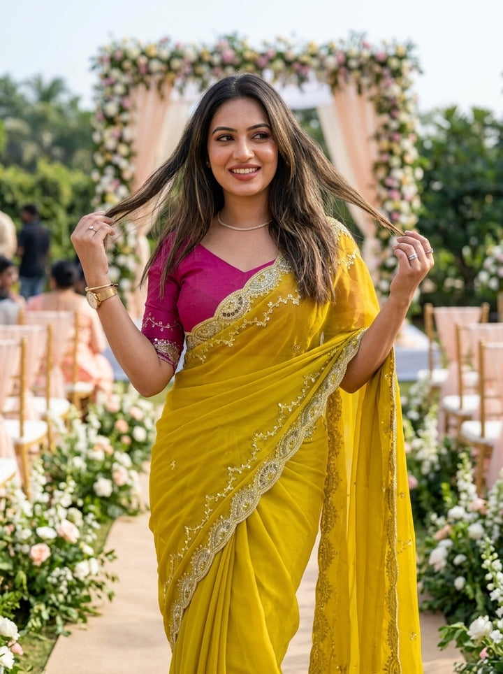Presence Of Nature Rangoli Yellow Silk Saree
