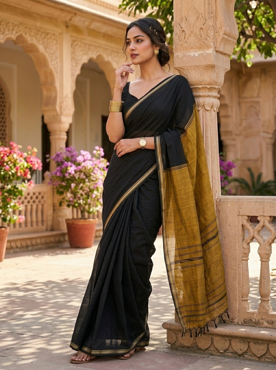 Gratifying Pure Khadi Cotton Black Saree