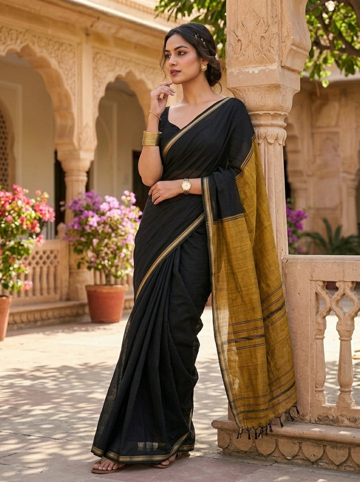 Gratifying Pure Khadi Cotton Black Saree