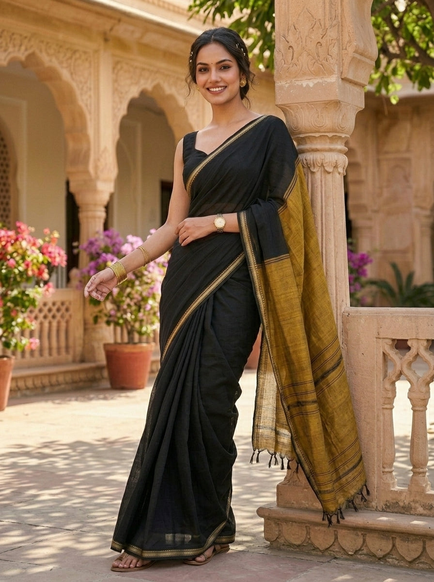 Gratifying Pure Khadi Cotton Black Saree