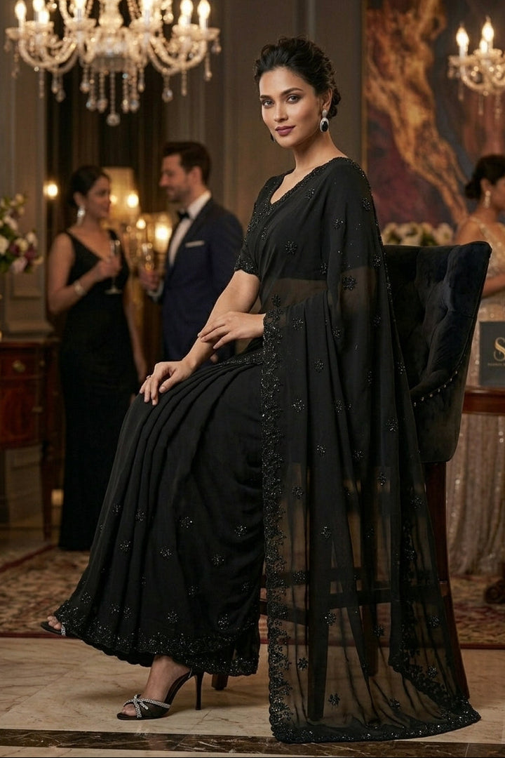 Black Dynasty Georgette Silk Saree