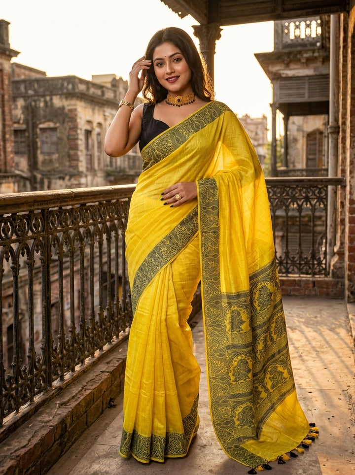 Sun Rays-Pure Handwoven Cotton Linen Saree
