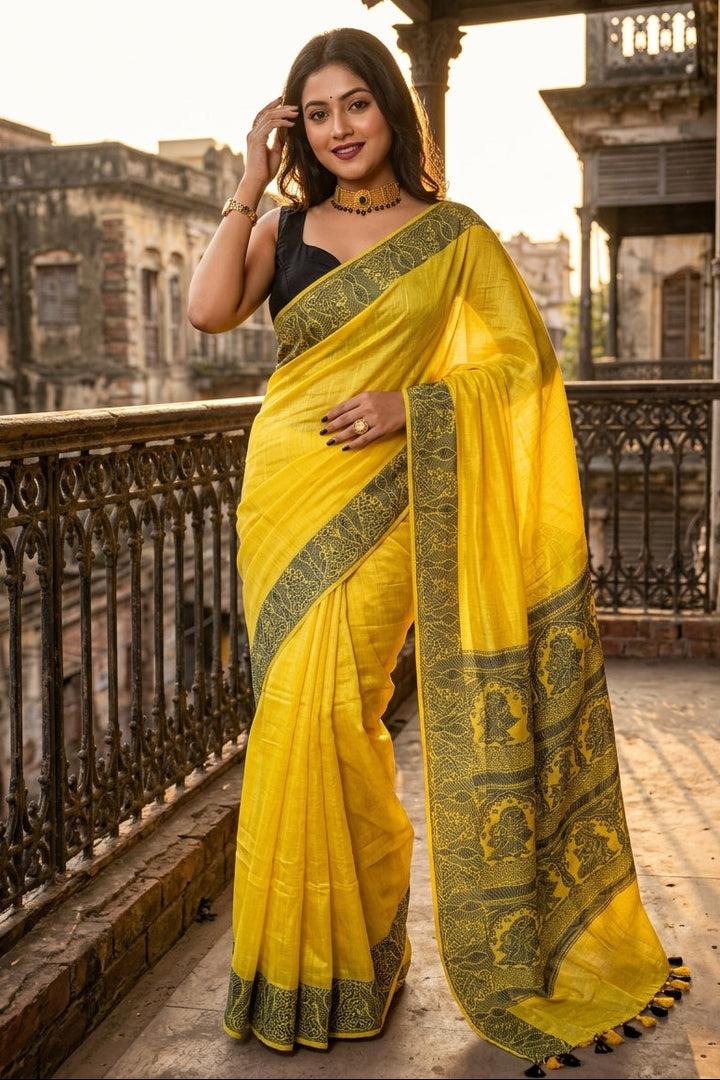 Sun Rays-Pure Handwoven Cotton Linen Saree