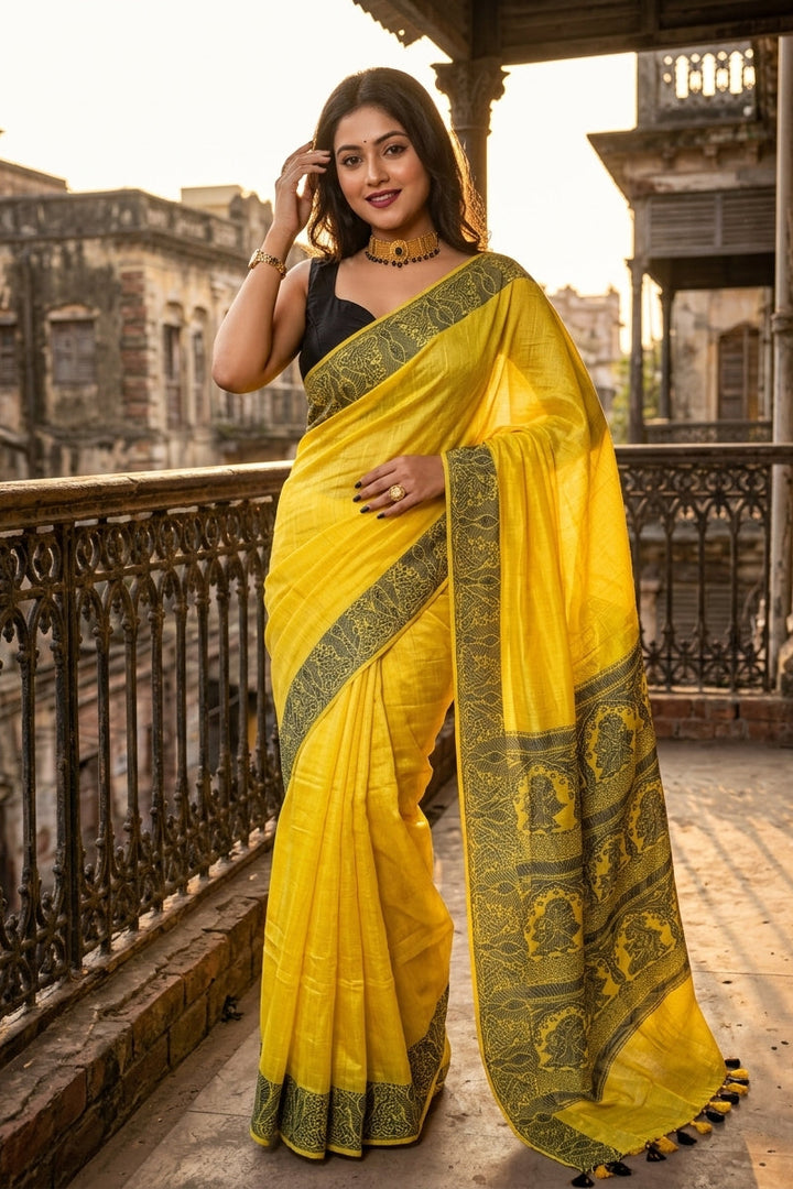 Sun Rays-Pure Handwoven Cotton Linen Saree