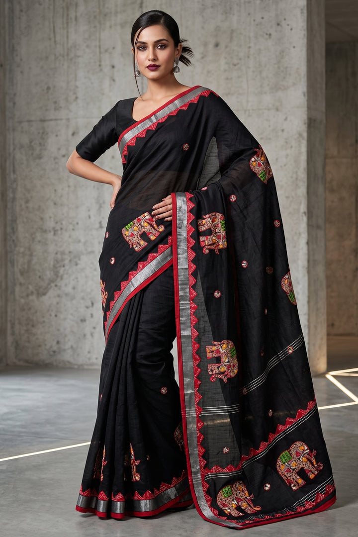 Rajhasti Khadi Linen Appliqué Work Saree