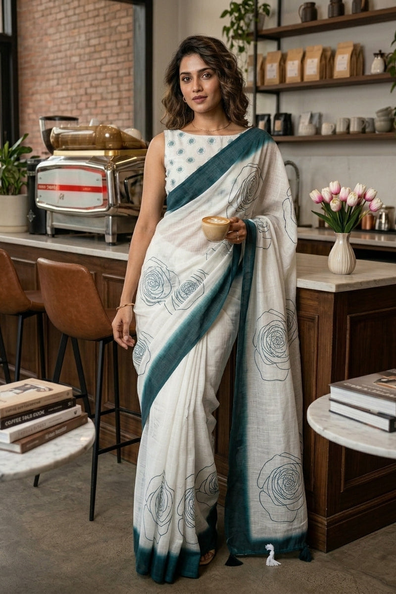 Rosy Bloom Linen Saree
