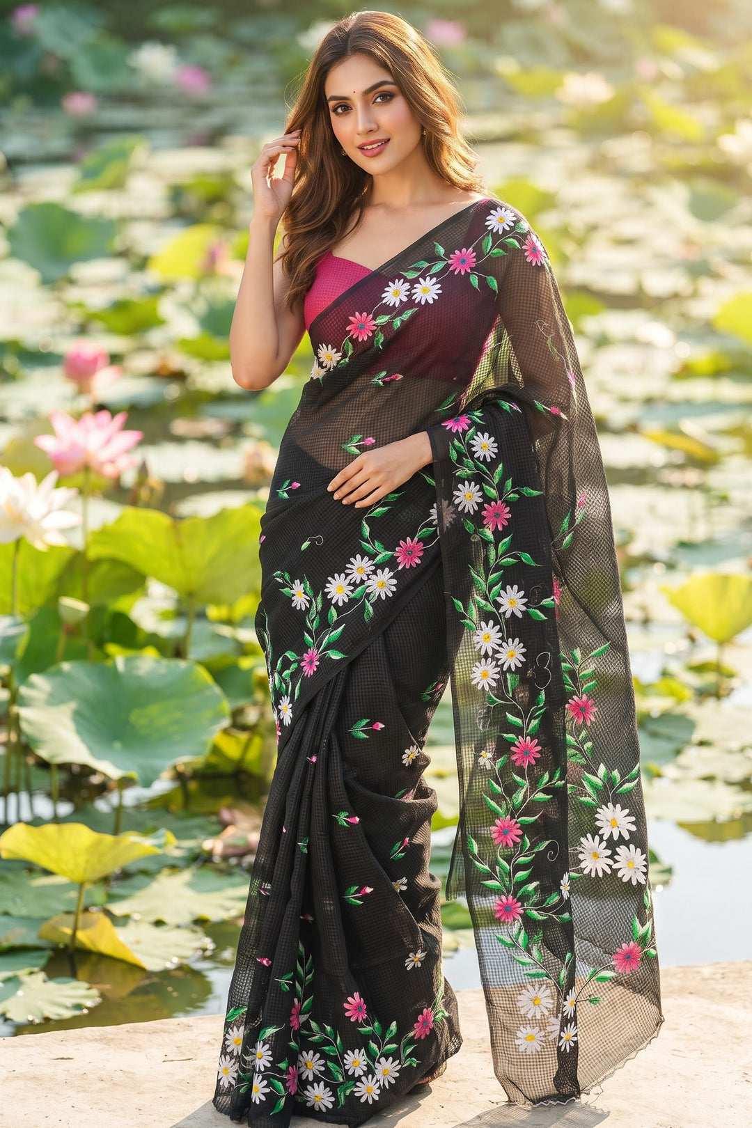 Black Bloom Reshom Kota Saree With Embroidery work