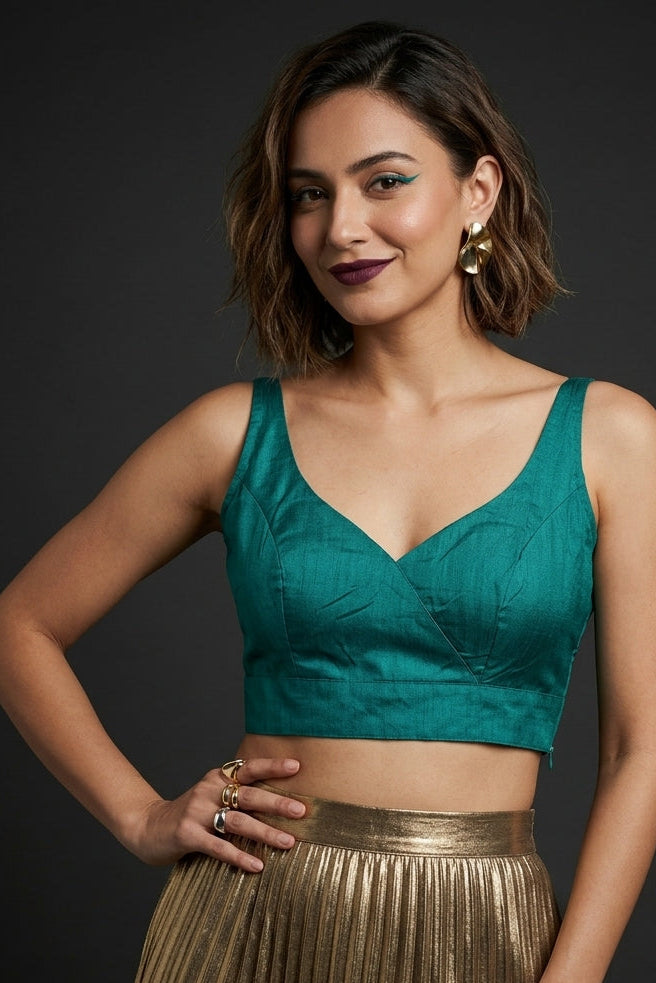 The Teal Overlap Designer Silk Blouse