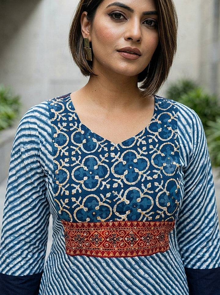 Indigo Leheriya Fusion Cotton Kurti