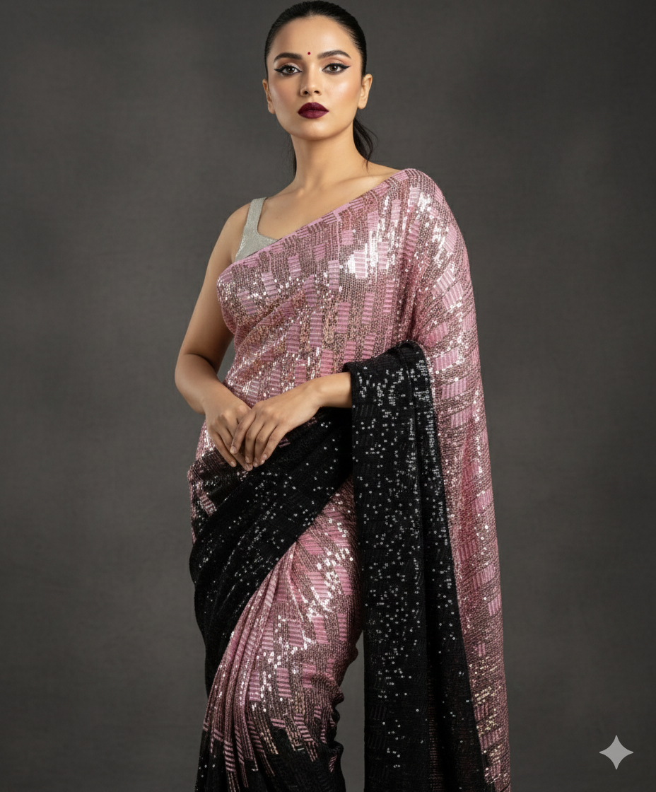 Coral Blush Sequin Saree