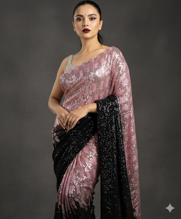 Coral Blush Sequin Saree