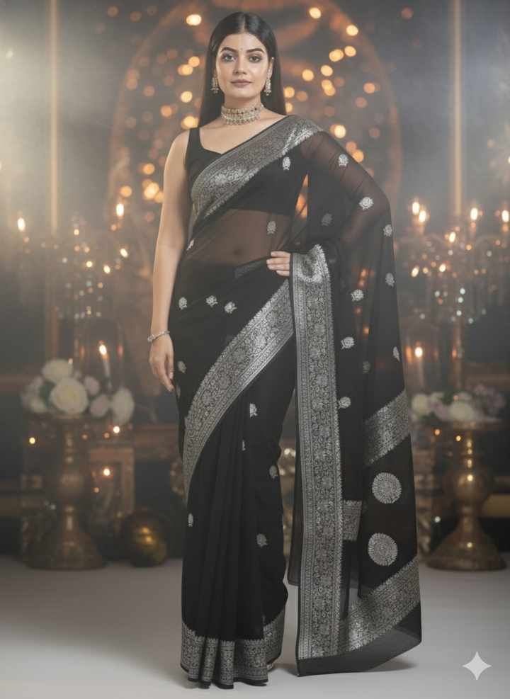 Black Ruby Khaddi Chiffon Banarasi Saree