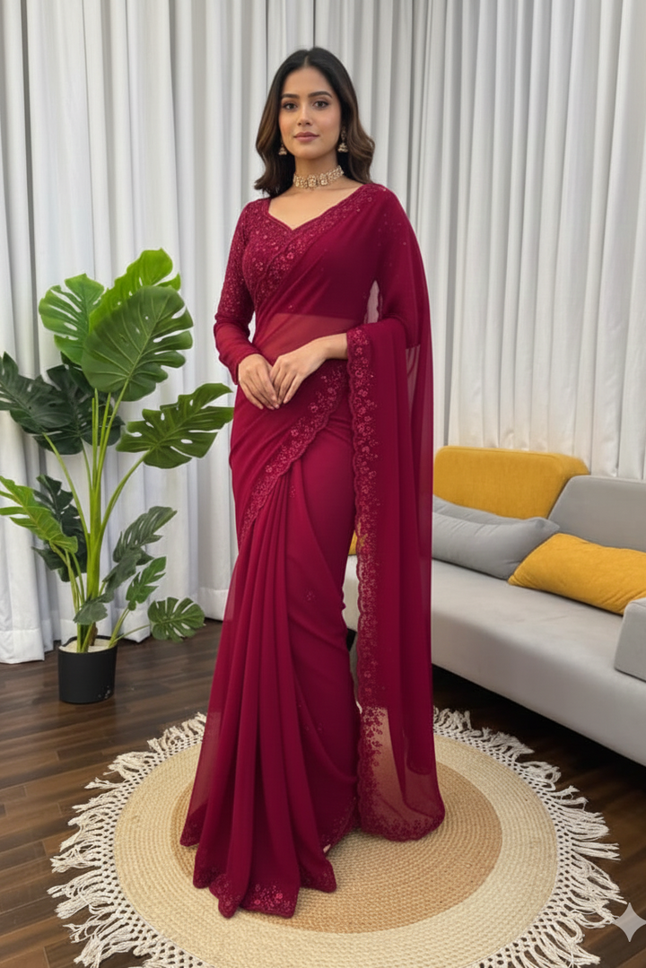 Red Kesar Georgette Partywear Silk Saree [ Dupatta With Unstitched Blouse]