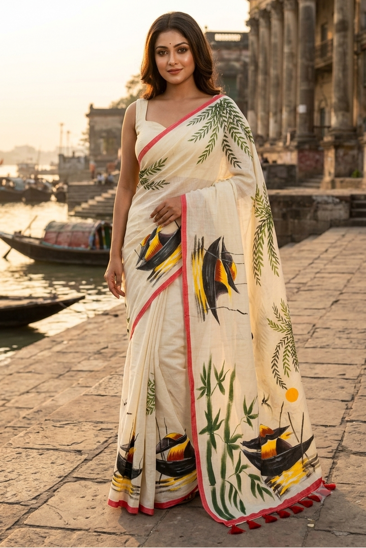 Mayur Tori Hand Printed Cotton Saree