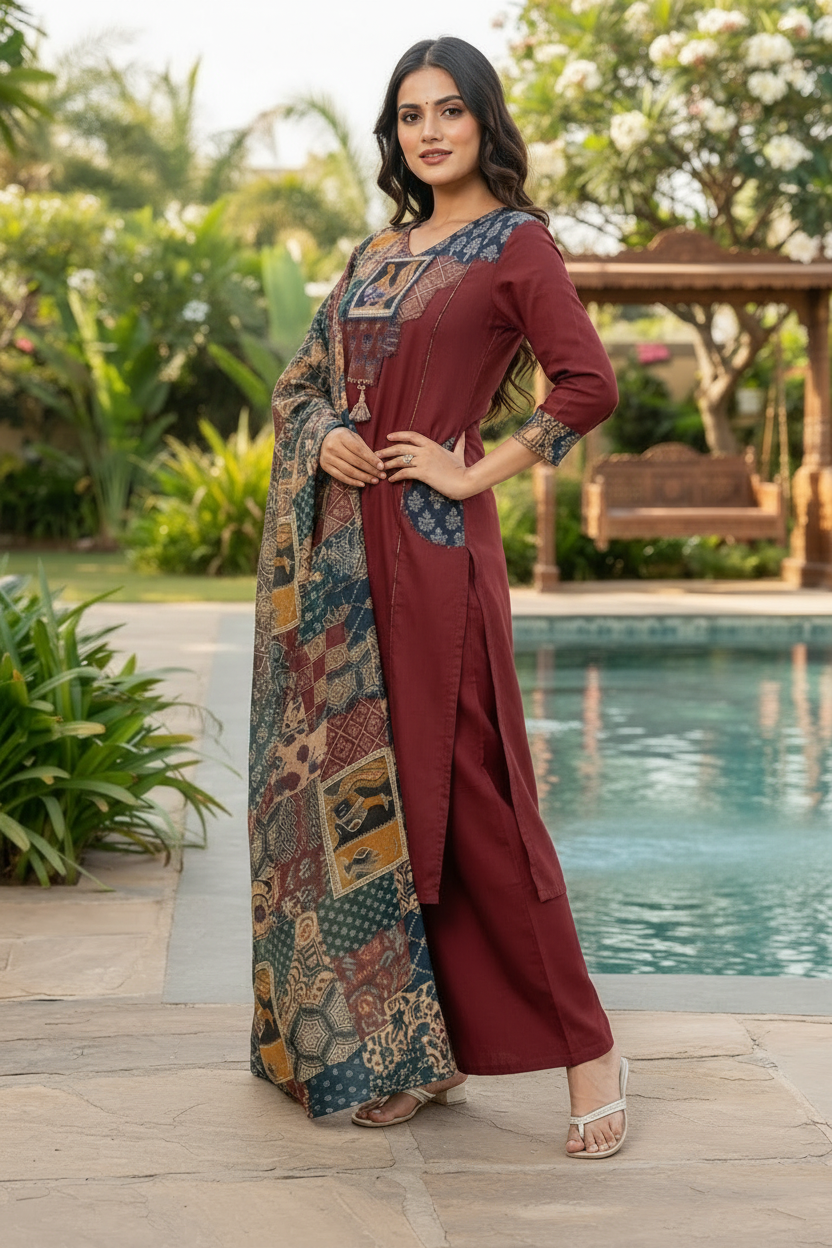 Patchwork Poetry Cotton Kurti Set