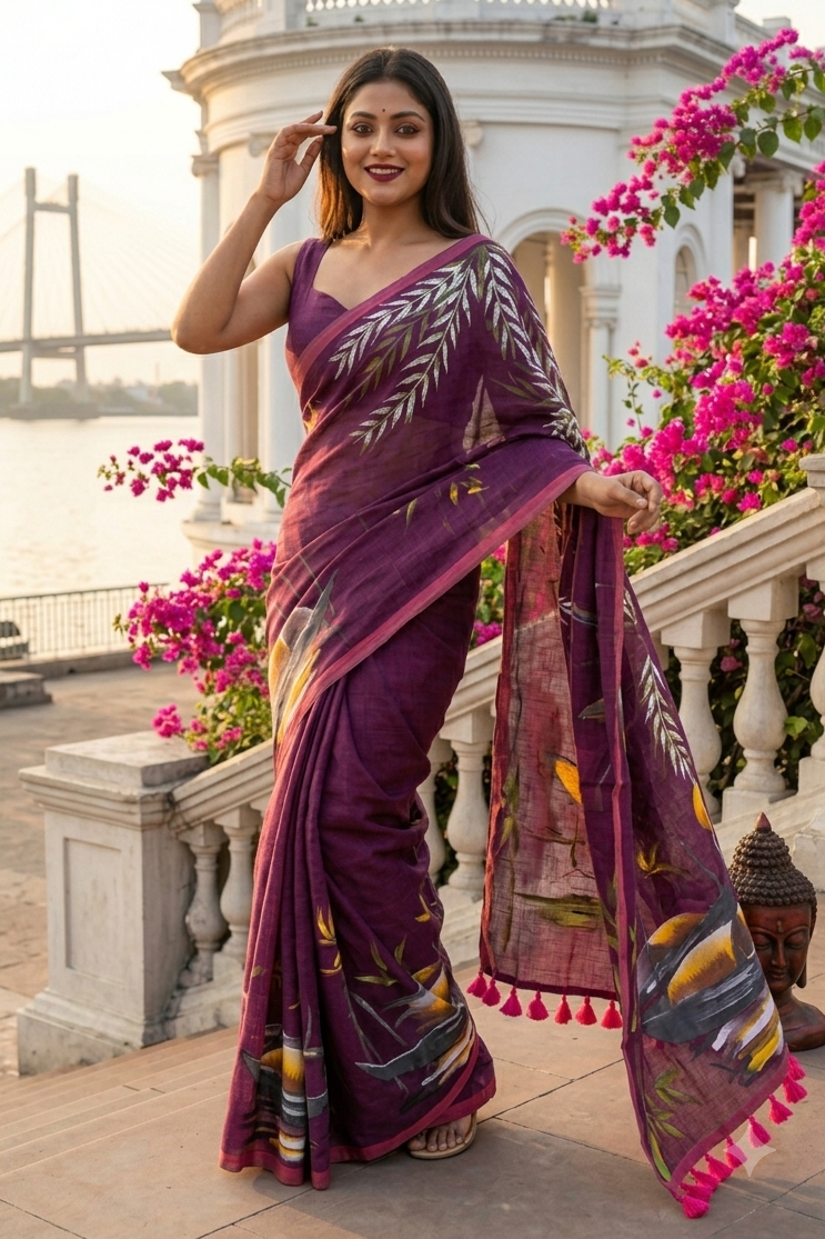 Mayur Tori Hand Printed Cotton Saree