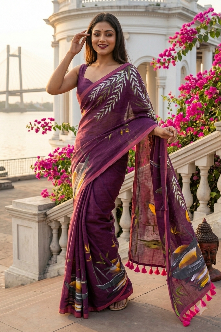 Mayur Tori Hand Printed Cotton Saree