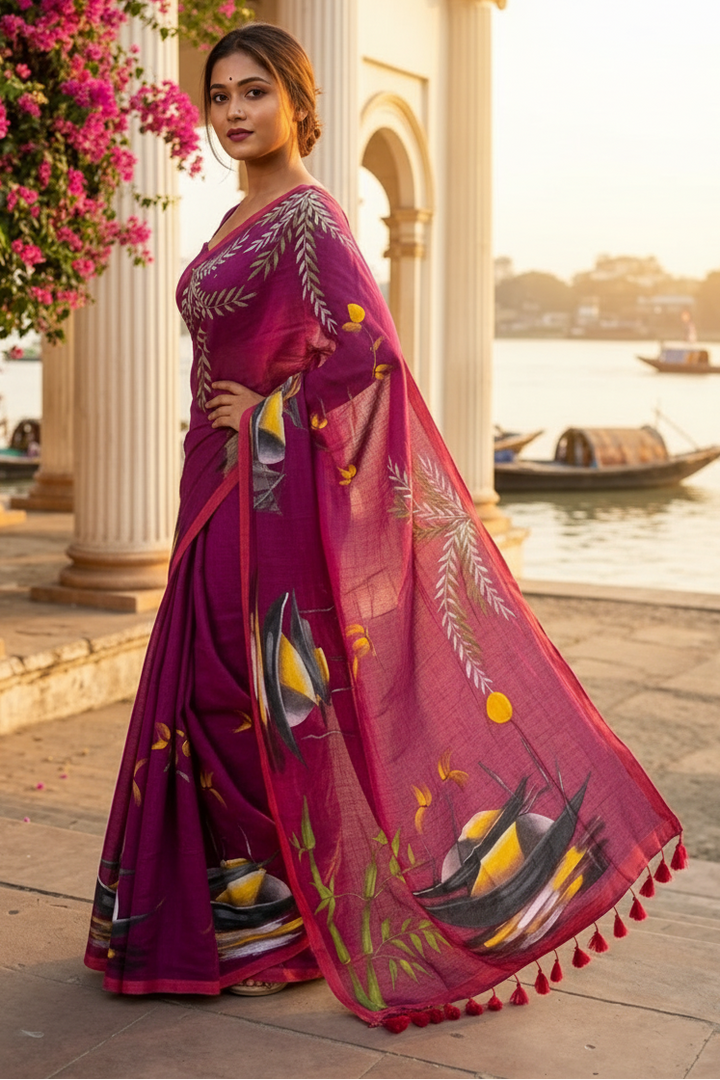 Mayur Tori Hand Printed Cotton Saree
