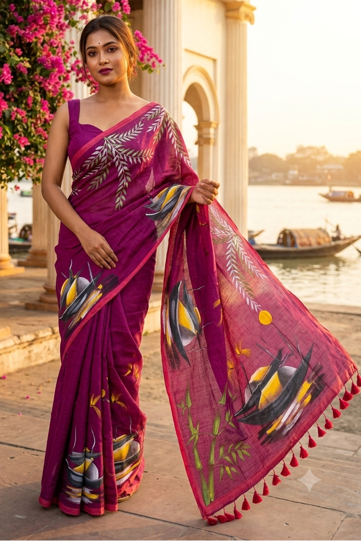 Mayur Tori Hand Printed Cotton Saree