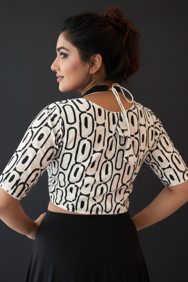 White & Black Dabu Masaba Cotton Blouse [Shade 1]
