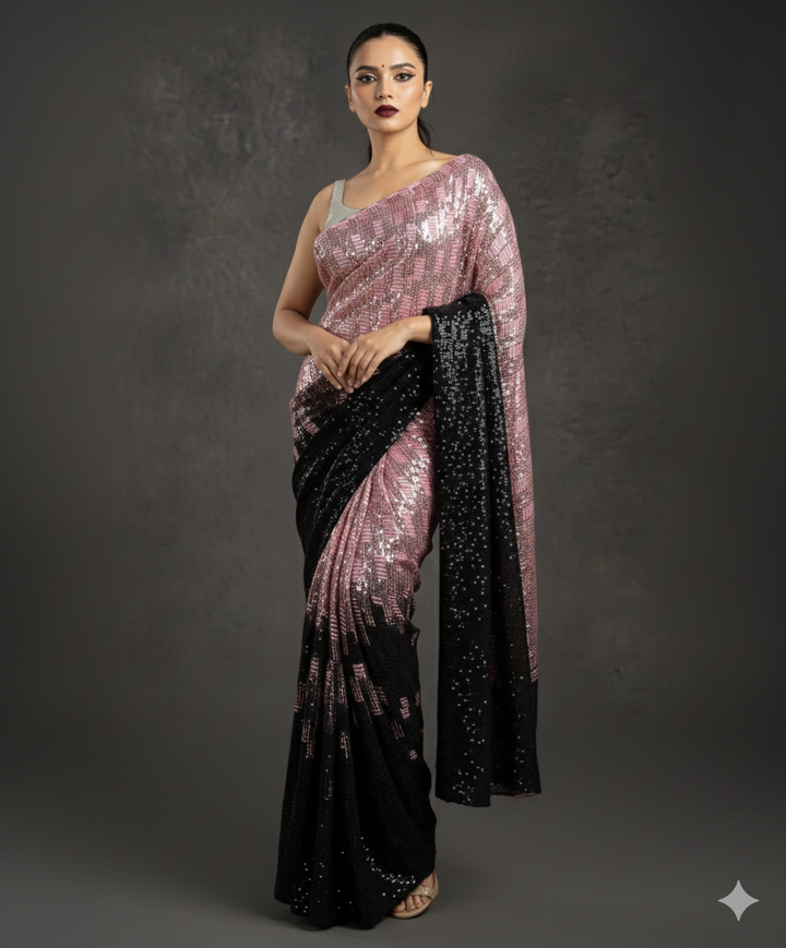 Coral Blush Sequin Saree