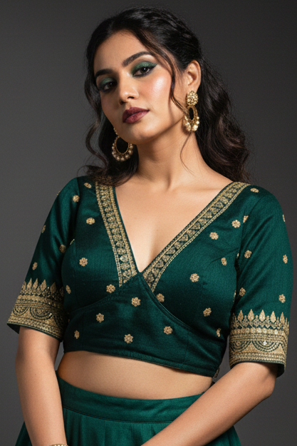 Sweet Embrace Green color Designer Blouse(V-Neck)