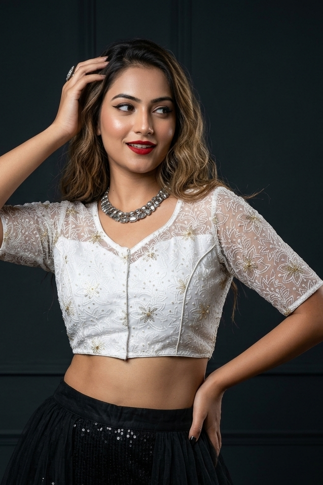 Organza Twist – All Over Embroidered Organza Blouse