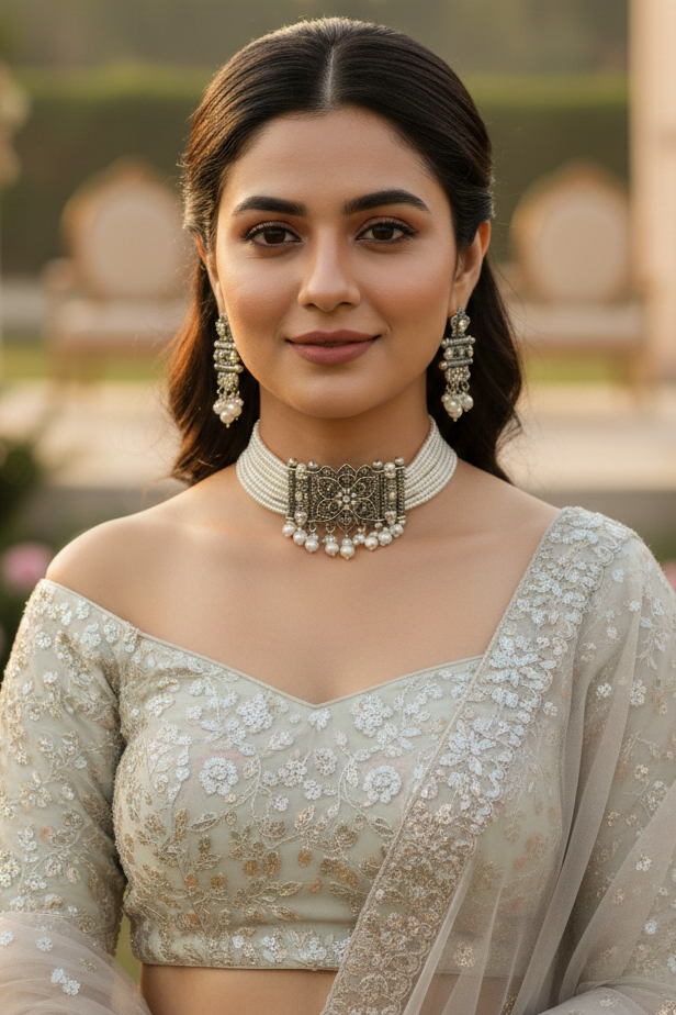 Anvi-Pearl Oxidized Chocker Set