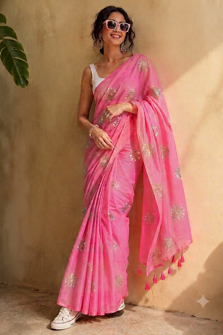 Stole My Heart Sequins Work Mul Cotton Saree