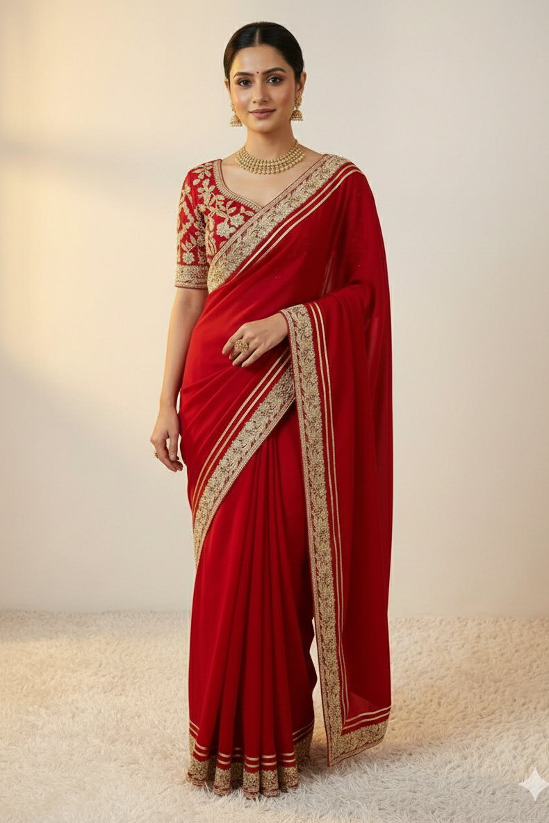 Red Gulmohar Rangoli Silk Saree