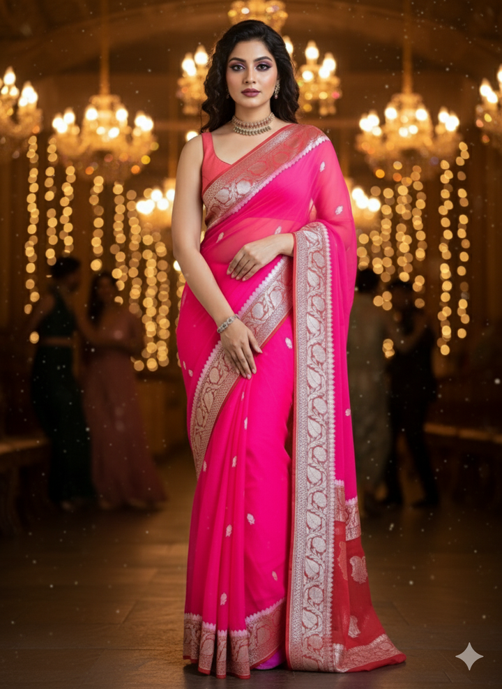 Razzmatazz Pink Khaddi Chiffon Banarasi saree