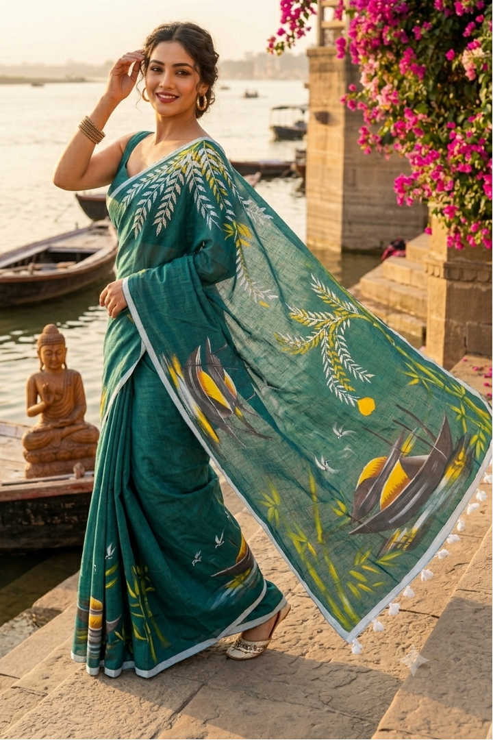 Mayur Tori Hand Printed Cotton Saree
