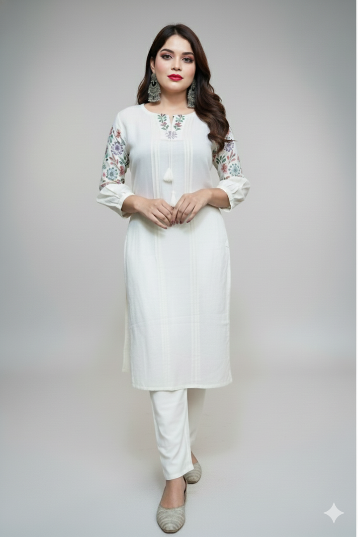 Crown Of White Cotton Kurti Set