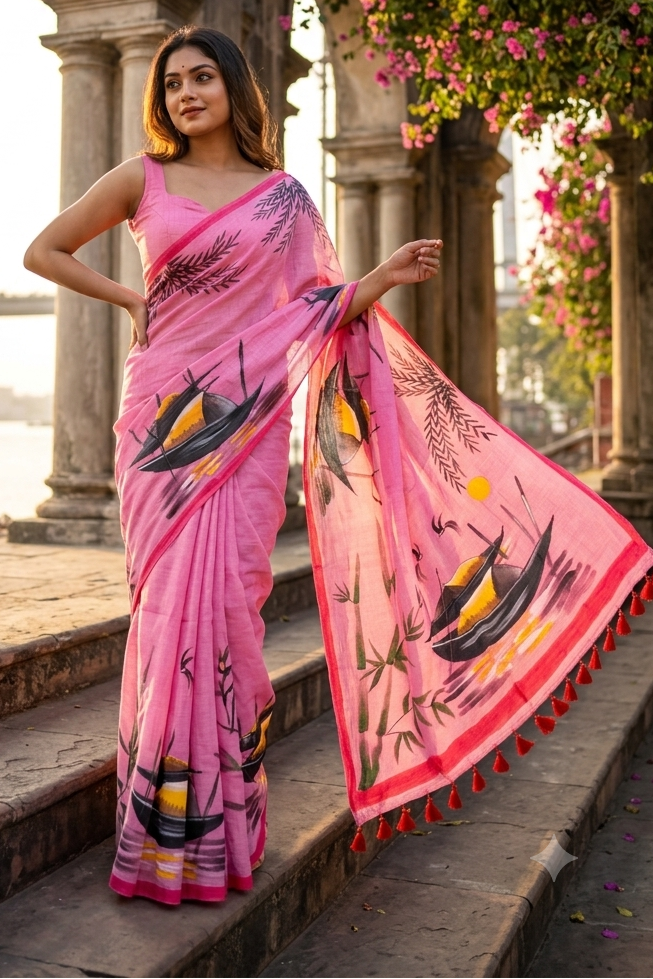 Mayur Tori Hand Printed Cotton Saree