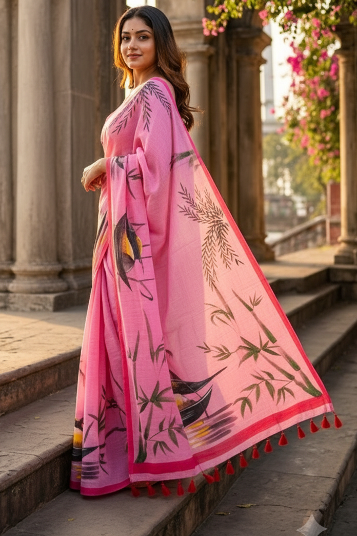 Mayur Tori Hand Printed Cotton Saree