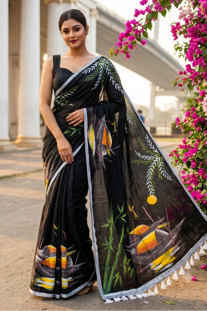 Mayur Tori Hand Printed Cotton Saree
