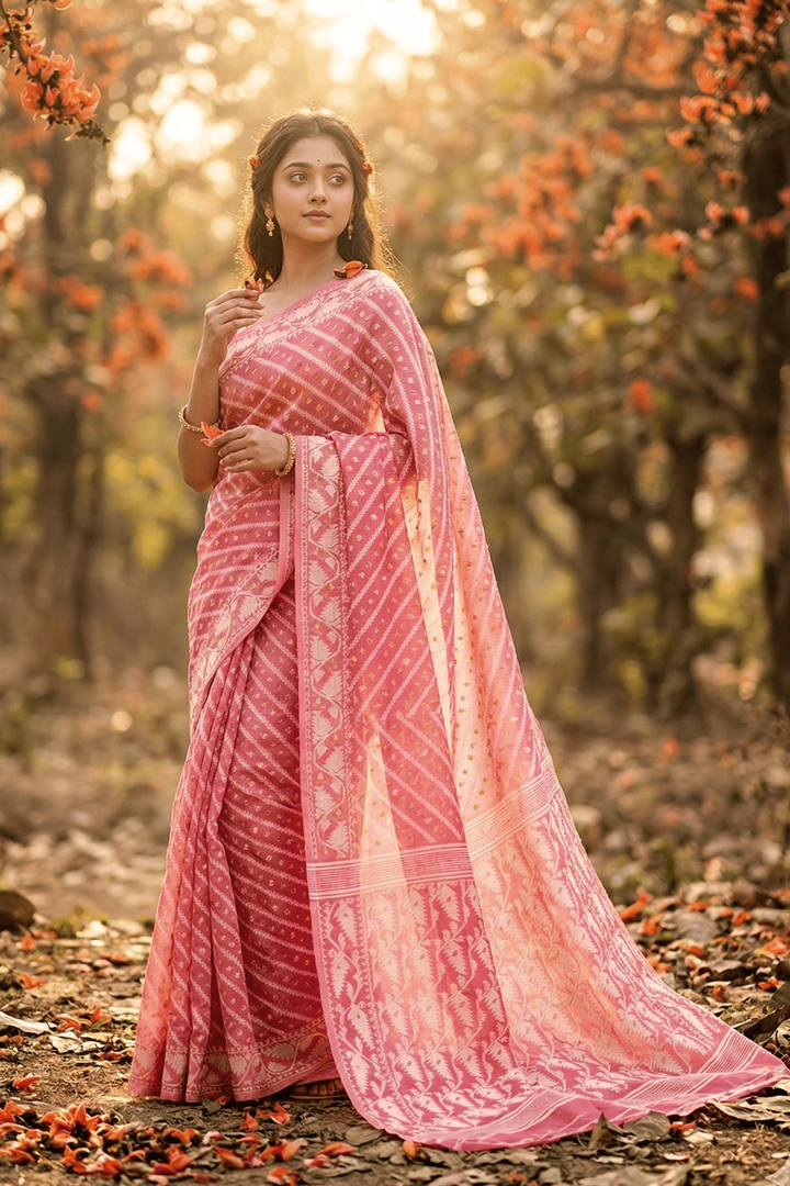Bangaliyana Jamdani Saree(peach pink)