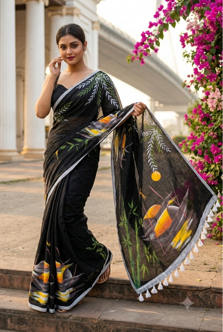 Mayur Tori Hand Printed Cotton Saree
