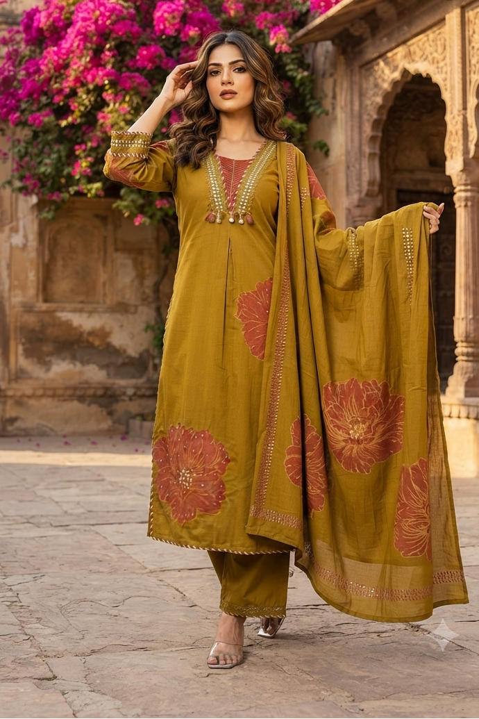 Olive Petals Cotton Kurti Set